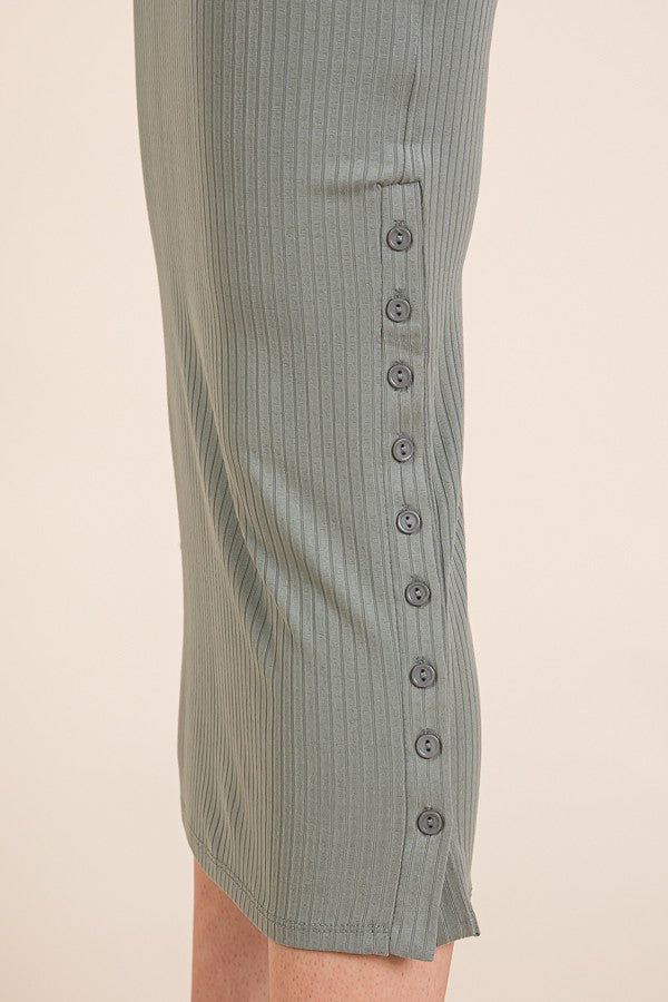 Olive Short Sleeve Side Button Ribbed Midi Dress
