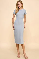 Heather Gray Crew Neck Bubble Knit Ribbed Maternity Midi Dress