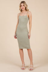 Light Olive Striped Sleeveless Double Layered Midi Dress