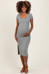 Light Olive Scoop Neck Short Sleeve Mineral Wash Maternity Midi Dress