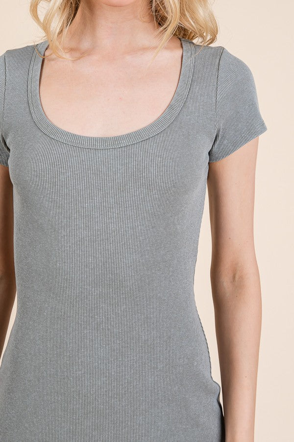 Light Olive Scoop Neck Short Sleeve Mineral Wash Midi Dress