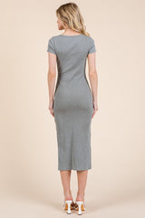 Light Olive V Neck Mineral Wash Side Slit Midi Dress