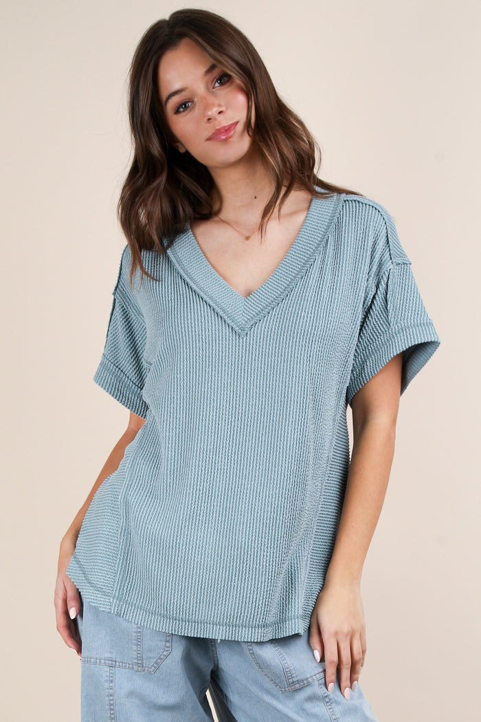 Blue Ribbed Raw Hem Maternity Short Sleeve Top