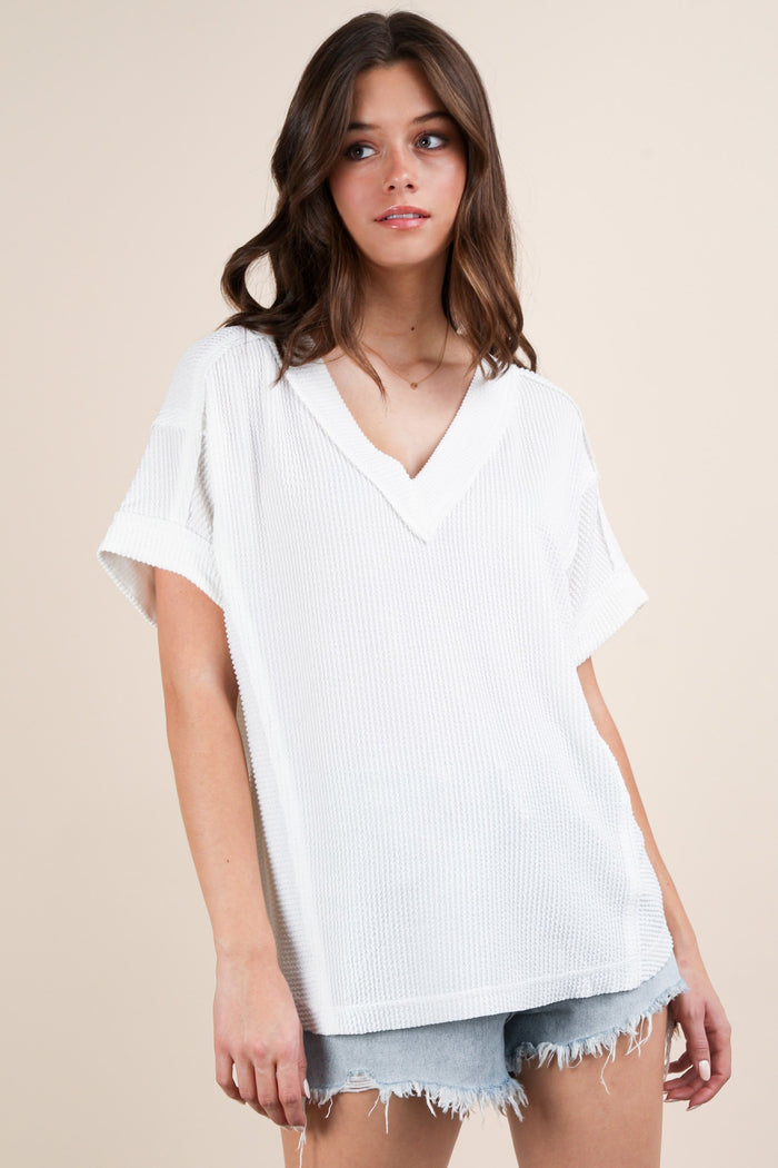 White Ribbed Raw Hem Maternity Short Sleeve Top