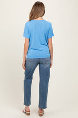 Blue Basic Round Neck Short Sleeve Maternity T-Shirt