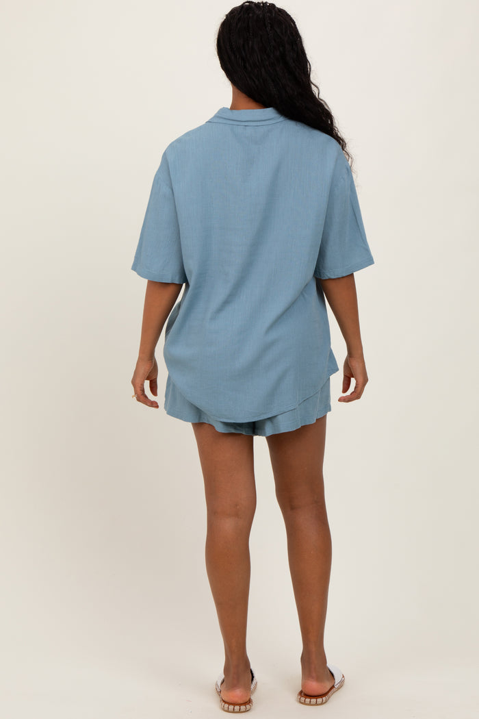 Blue Linen Blend Short Sleeve Shirt Shorts Set