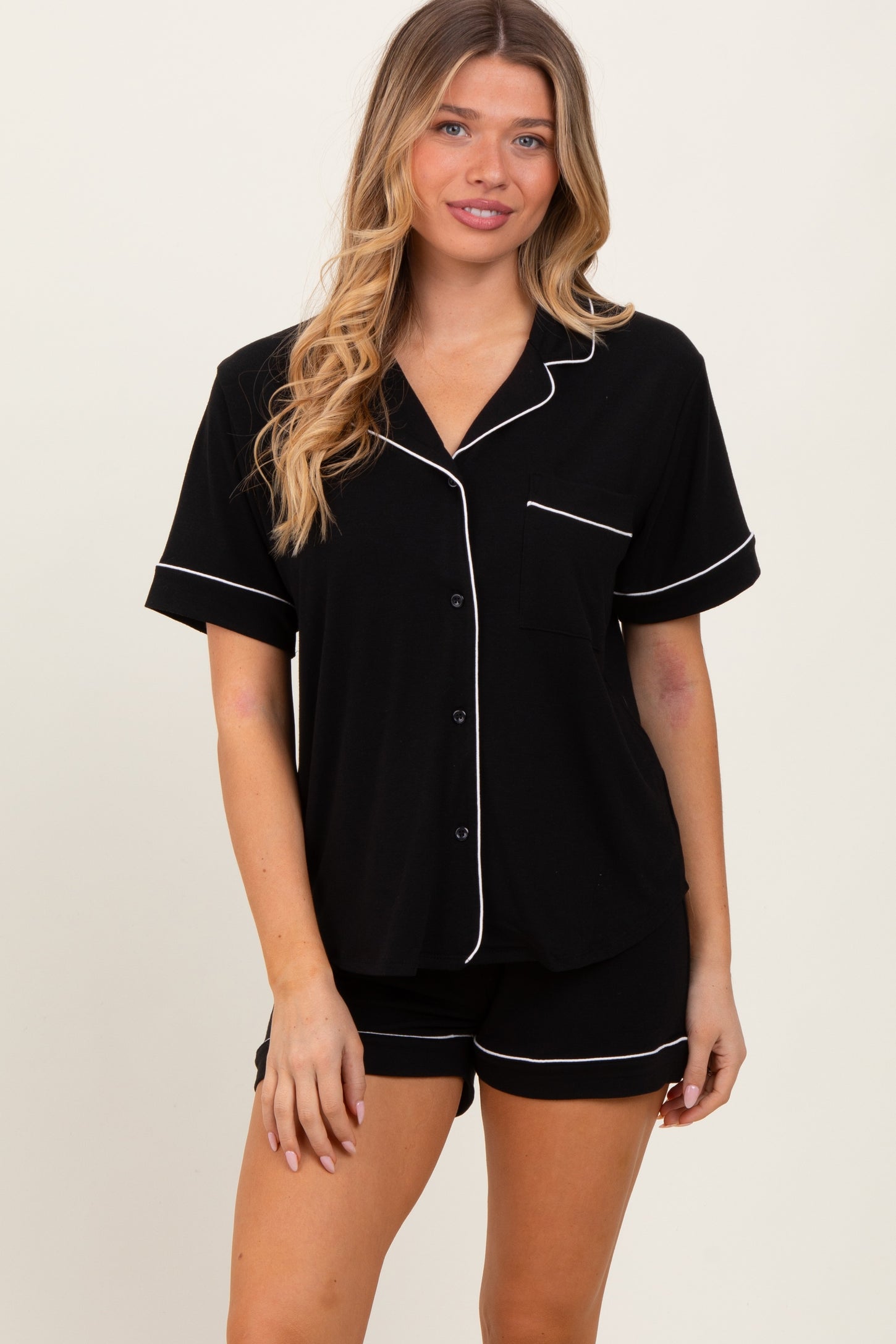 Black Short Sleeve Button Down Shirt Shorts Maternity Set