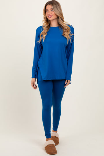Blue Brushed Knit Oversized Top and Legging Set