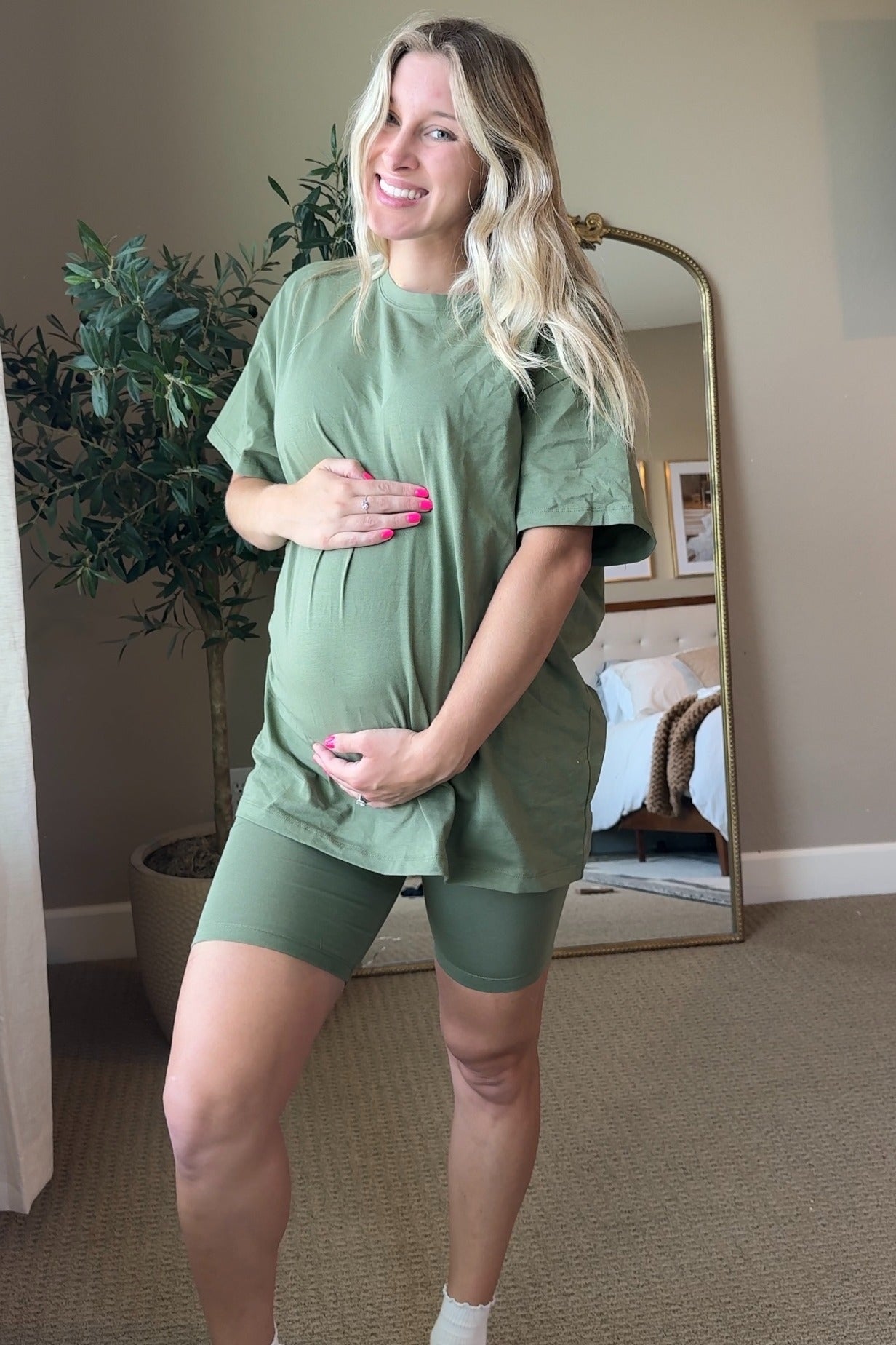Light Olive Biker Shorts Maternity Set