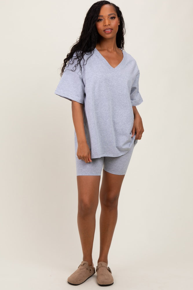 Heather Grey Oversized V-Neck Biker Short Set