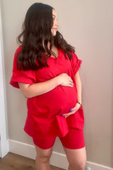 Red Oversized V-Neck Biker Short Maternity Set