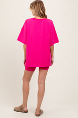 Fuchsia Oversized V-Neck Biker Short Maternity Set