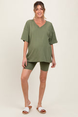Olive Oversized V-Neck Biker Short Maternity Set