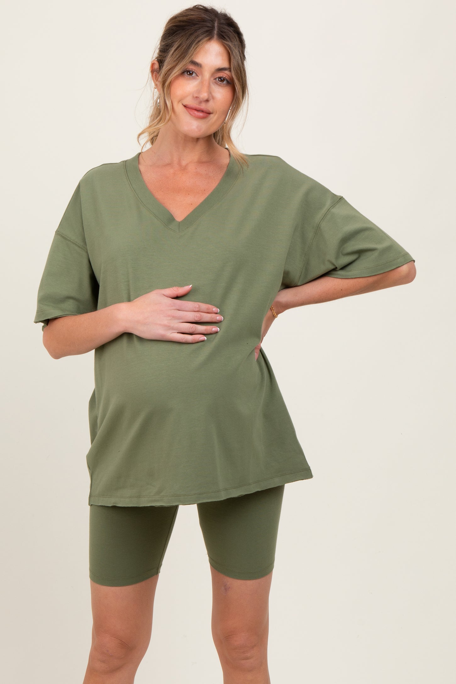 Olive Oversized V-Neck Biker Short Maternity Set