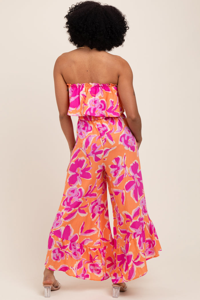 Orange Fuchsia Floral Strapless Ruffle Wide Leg Jumpsuit