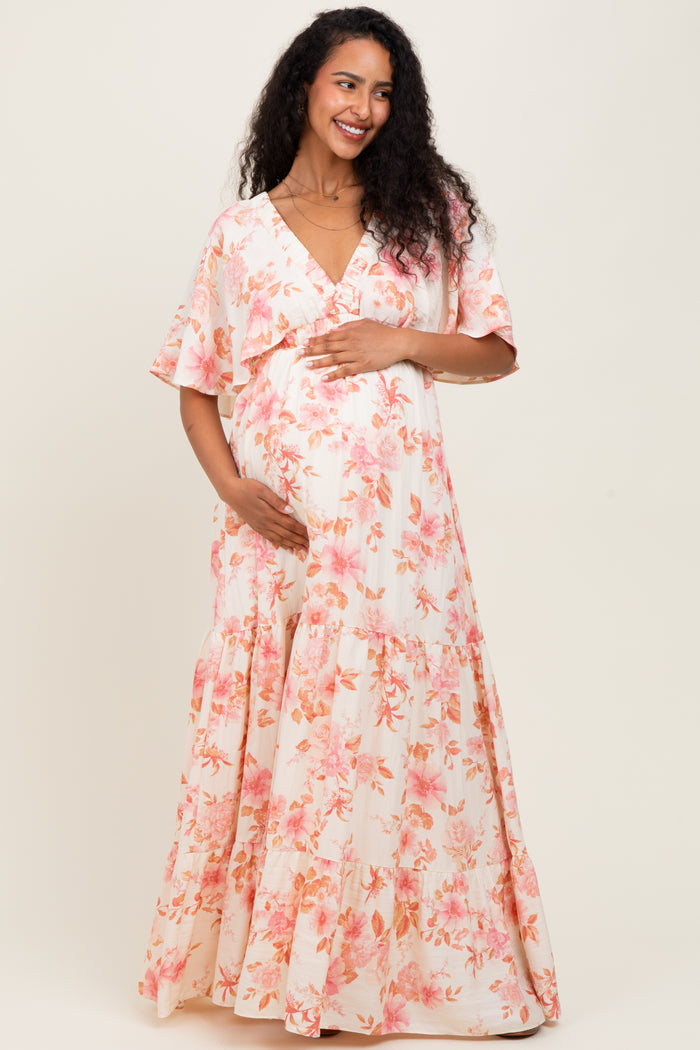 Pink Floral Satin Short Sleeve Deep V-Neck Tiered Maternity Maxi Dress