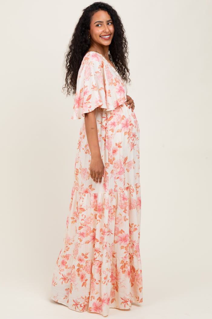 Pink Floral Satin Short Sleeve Deep V-Neck Tiered Maternity Maxi Dress
