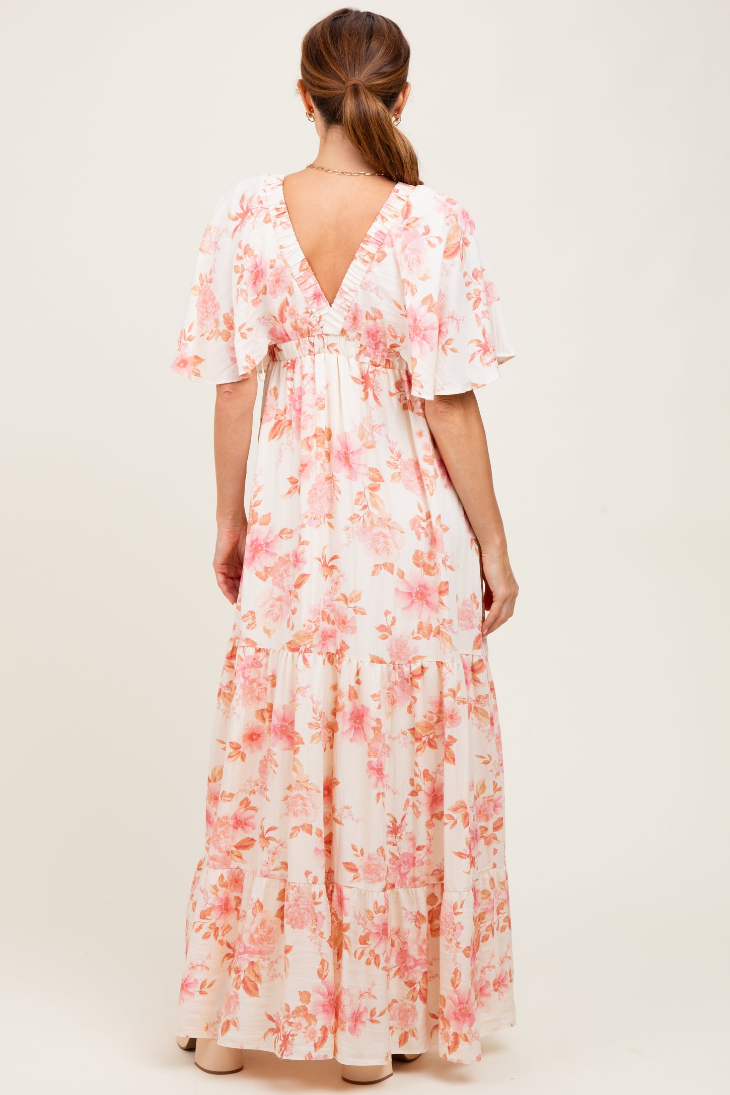 Pink Floral Satin Short Sleeve Deep V-Neck Tiered Maxi Dress