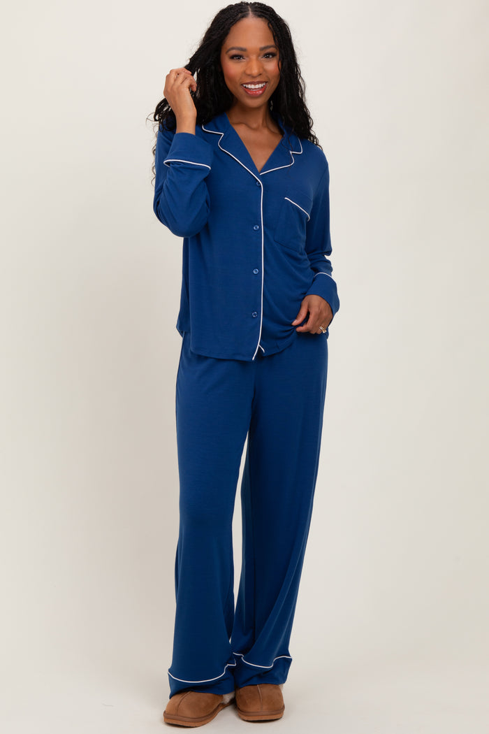Navy Button Down Top Wide Leg Pant Pajama Set