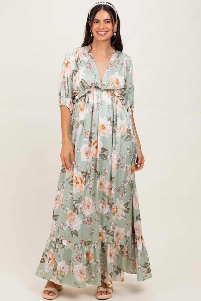 Sage Floral Print Elbow Sleeve V-Neck Tiered Maxi Dress