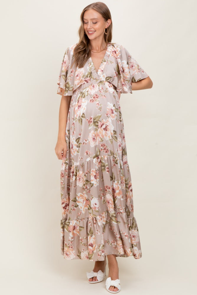 Taupe Floral Print Elbow Sleeve V-Neck Tiered Maternity Maxi Dress