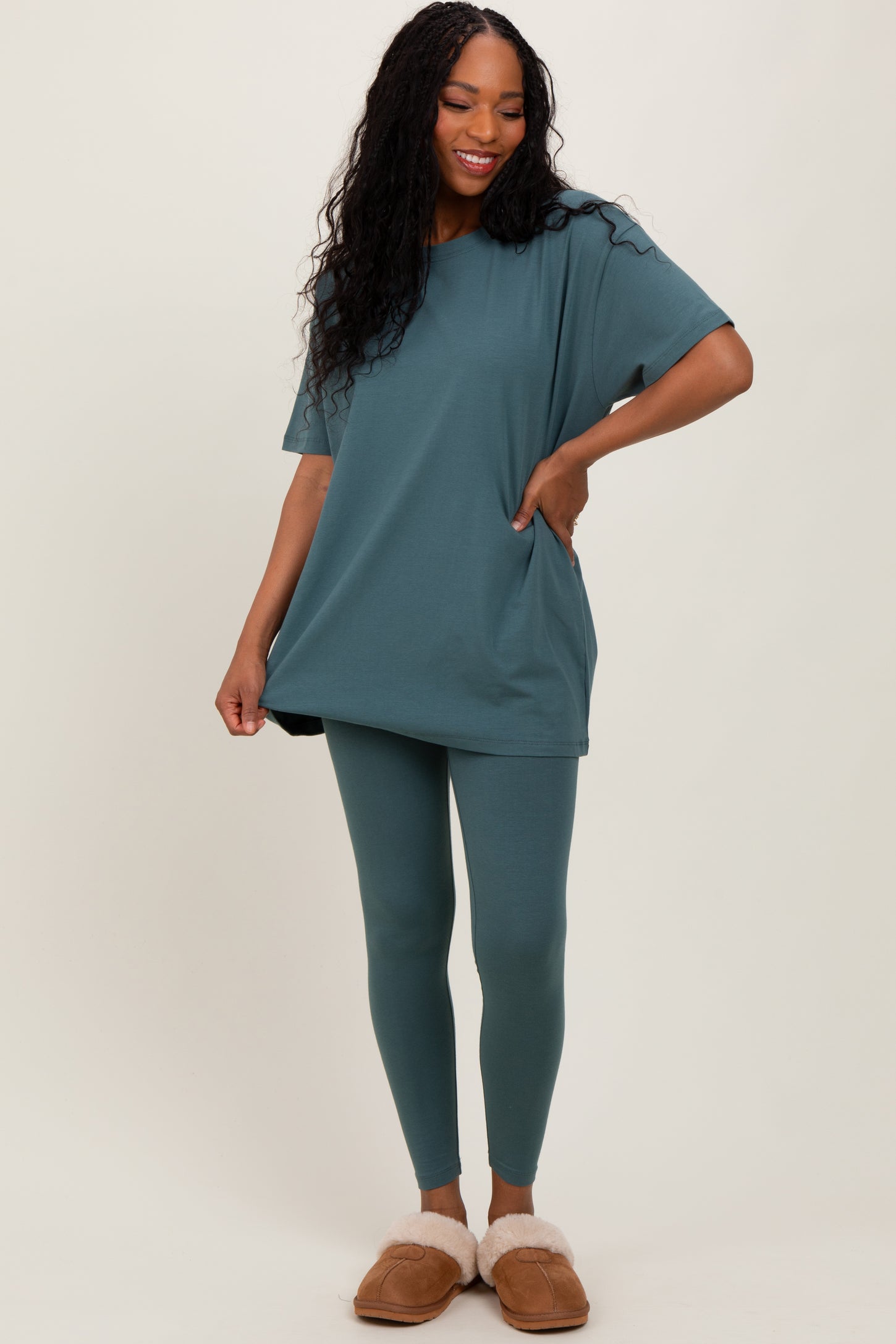 Light Olive Oversized Crewneck Short Sleeve and Legging Set