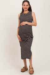 Black Striped Sleeveless Side Slit Maternity Midi Dress