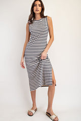 Beige Striped Sleeveless Side Slit Maternity Midi Dress