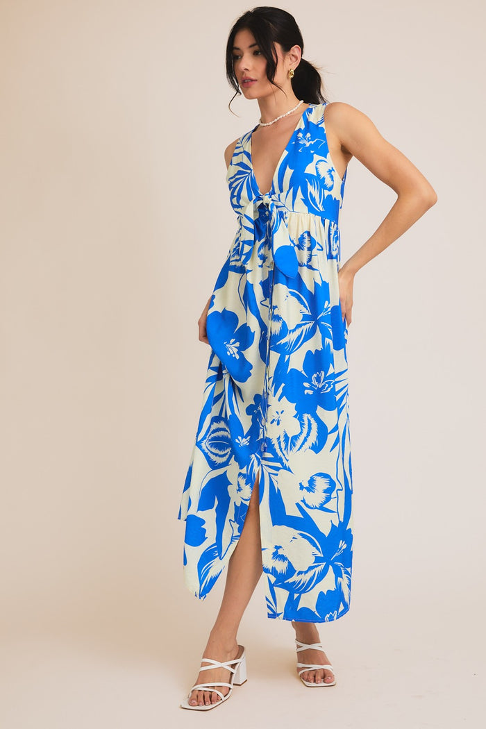 Blue Tropical Print Front Tie Sleeveless Button Up Dress