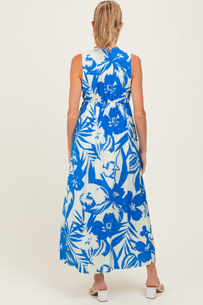 Blue Tropical Print Front Tie Sleeveless Button Up Maternity Dress