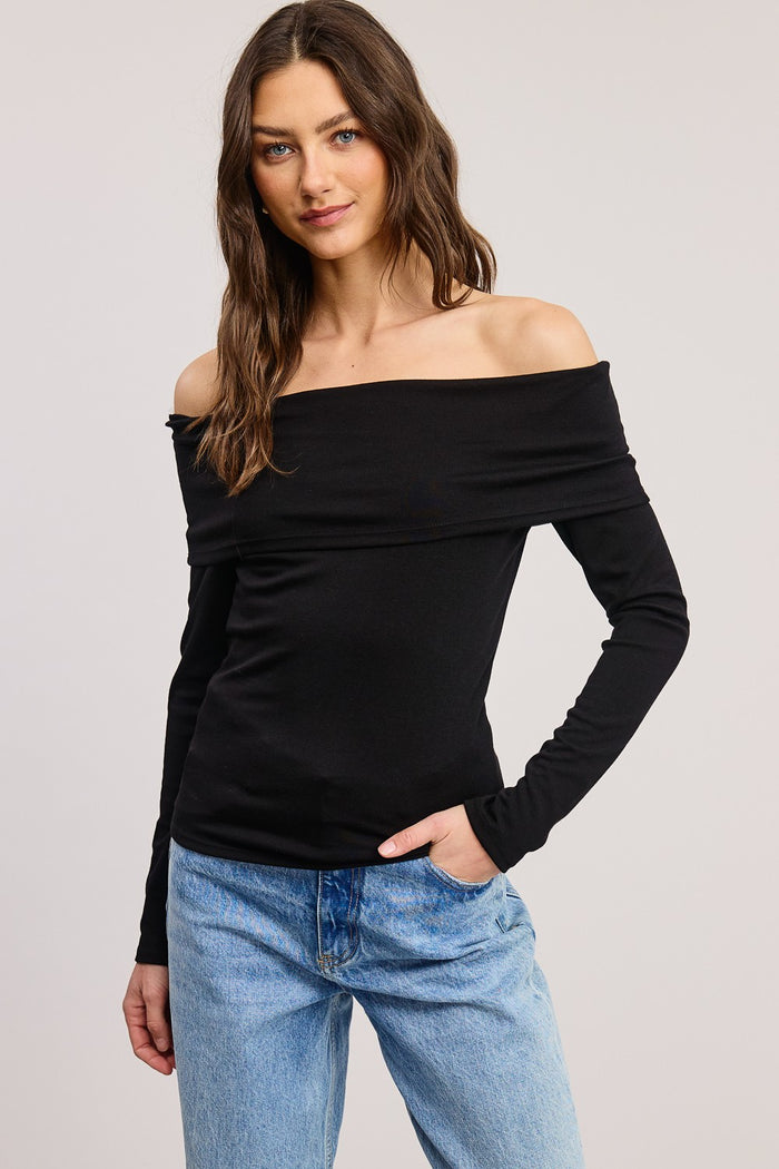 Black Off Shoulder Foldover Maternity Long Sleeve Top