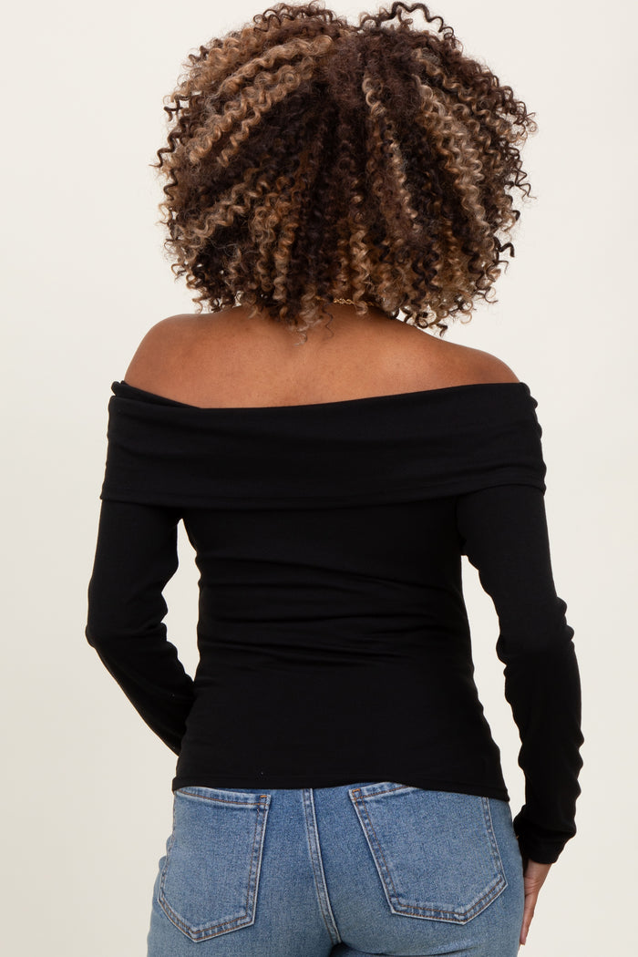 Black Off Shoulder Foldover Maternity Long Sleeve Top
