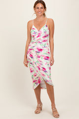 Fuchsia Floral Ruched Tulip Hem Midi Dress