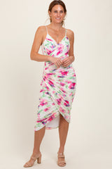 Fuchsia Floral Ruched Tulip Hem Midi Dress
