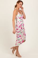 Fuchsia Floral Ruched Tulip Hem Midi Dress