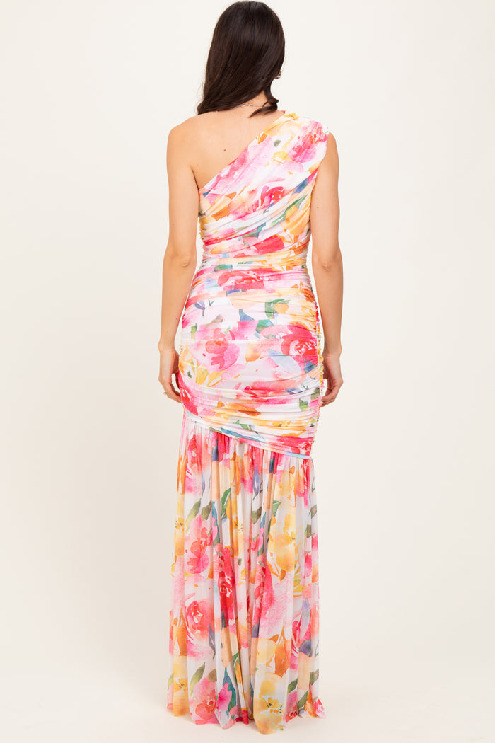 Pink Floral Ruched Mesh One Shoulder Maxi Dress