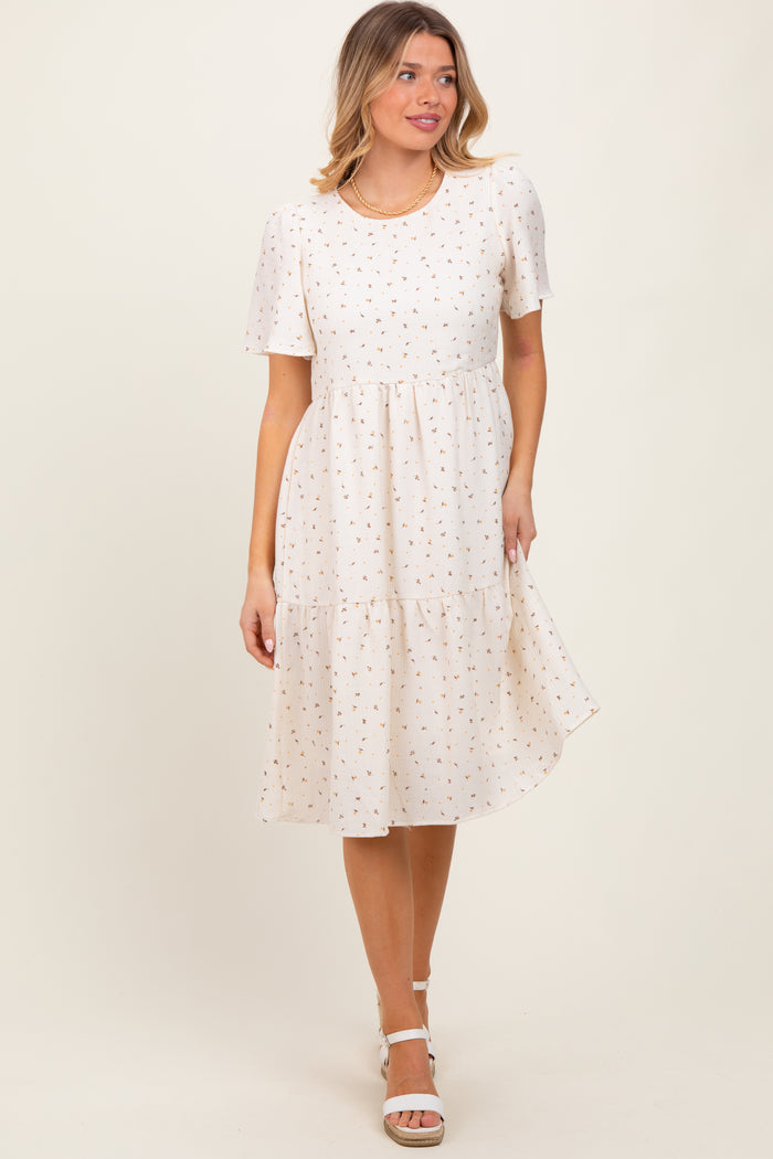 Ivory Floral Short Sleeve Tiered Midi Dress