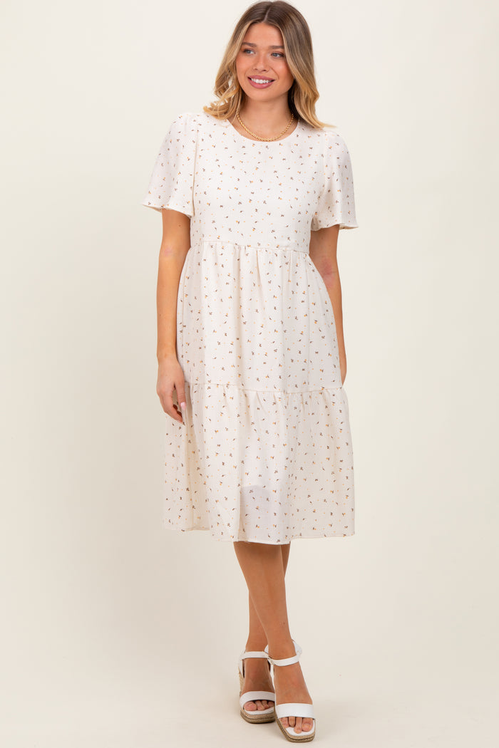 Ivory Floral Short Sleeve Tiered Midi Dress