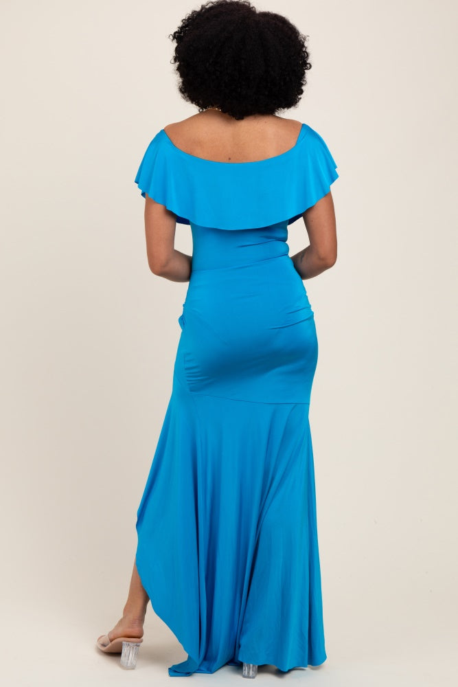Blue Off Shoulder Ruffle Hi-Low Maxi Dress