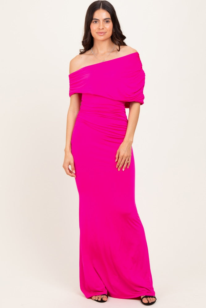 Pink Off Shoulder Foldover Ruched Maternity Maxi Dress