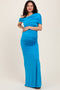 Blue Off Shoulder Foldover Ruched Maternity Maxi Dress