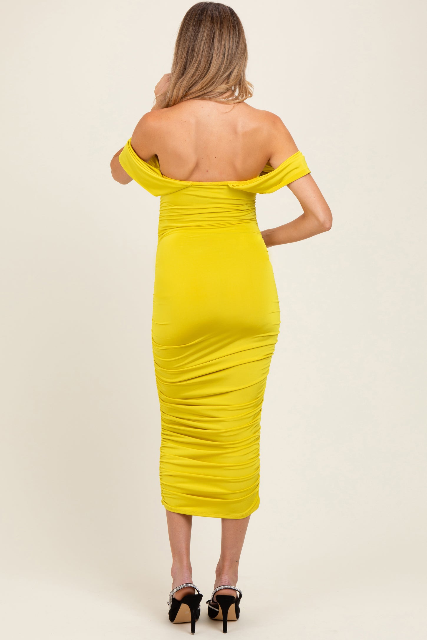 Lime Off Shoulder Draped Ruched Maternity Midi Dress