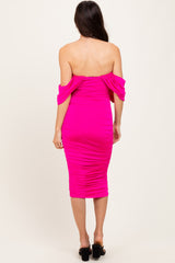 Fuchsia Off Shoulder Draped Ruched Midi Dress