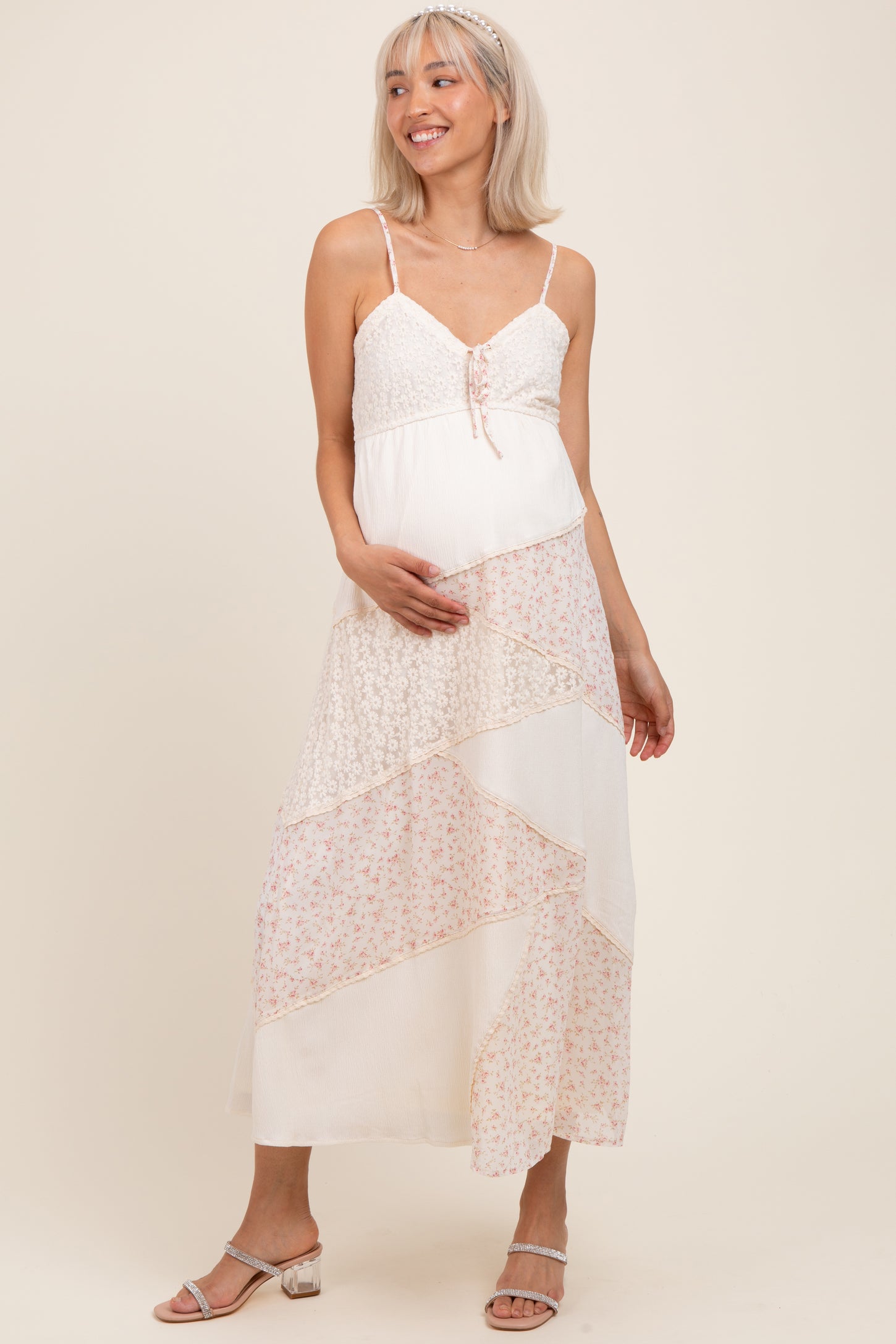 Cream Floral Sweetheart Neck Maternity Midi Dress