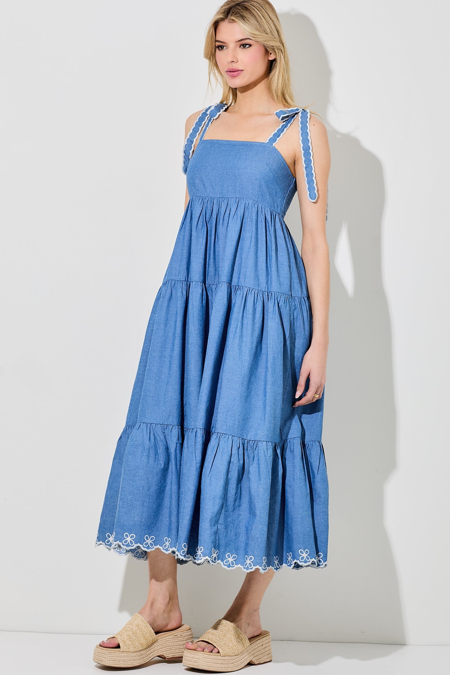 Denim Tiered Midi Dress