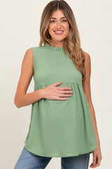 Light Olive Ruffle Mock Neck Maternity Sleeveless Blouse