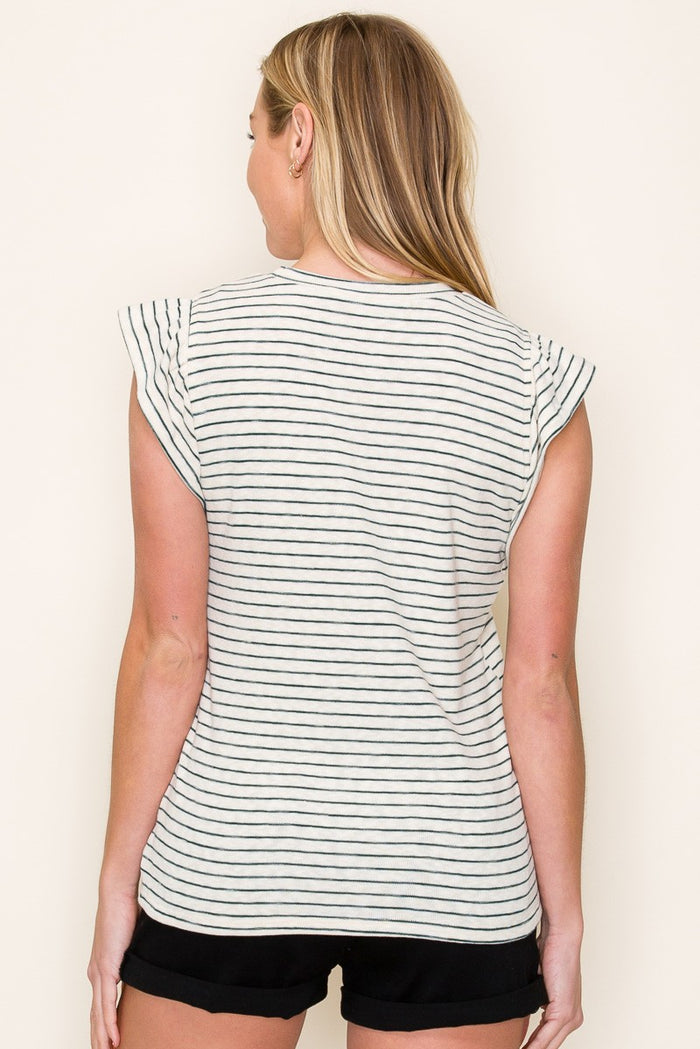 Forest Green Striped Flutter Sleeve Top