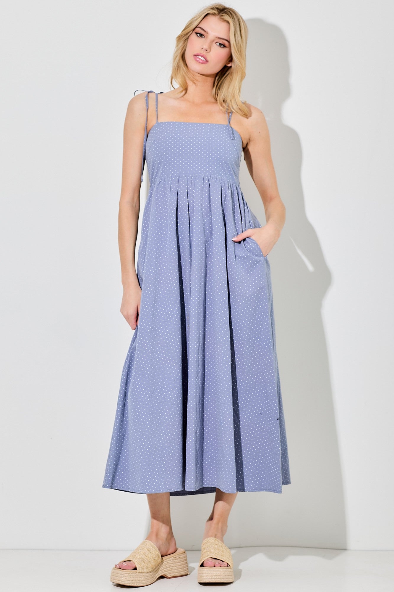 Blue Polka Dot Shoulder Tie Maternity Midi Dress