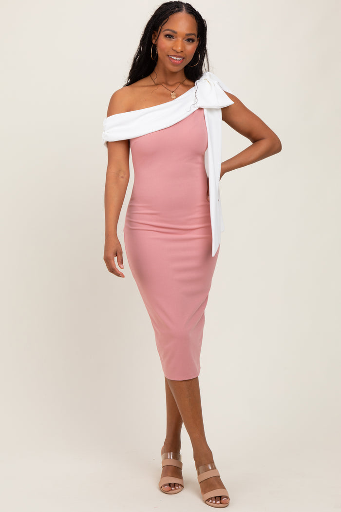 Mauve Coloblock One Shoulder Draped Maternity Midi Dress