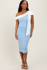 Blue Colorblock One Shoulder Draped Maternity Midi Dress